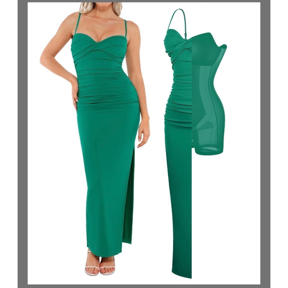 Popilush Shapewear Ruched Bias Twist Tummy Control Maxi Dress Green Medium